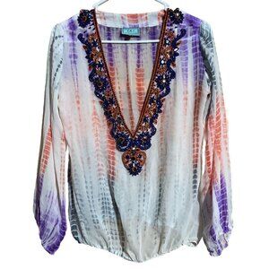 Taj Sabrina Crippa Womens Silk Hand Dyed Beaded Blouse Size M V Neck Boho Resort